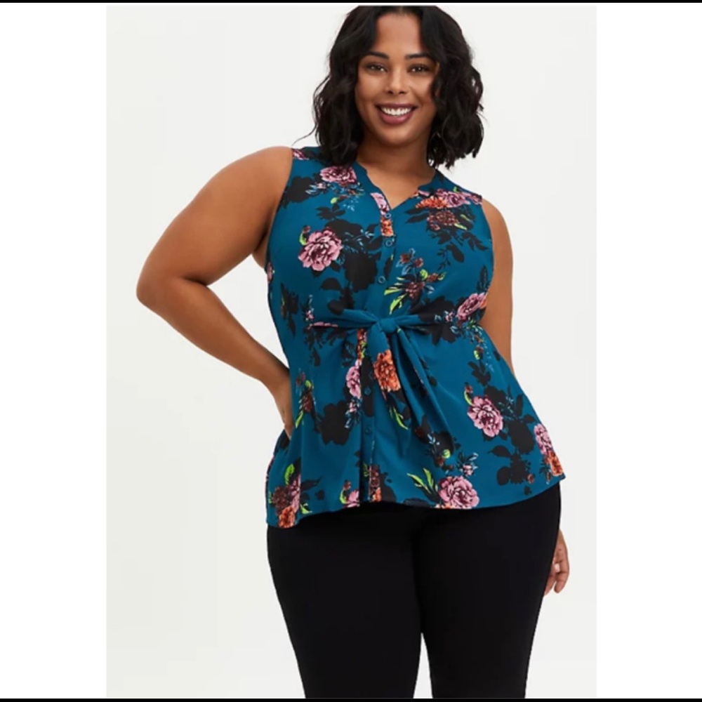 NET Torrid Size 2 Georgette Teal Floral Peplum Tie Front Sleeveless Blouse